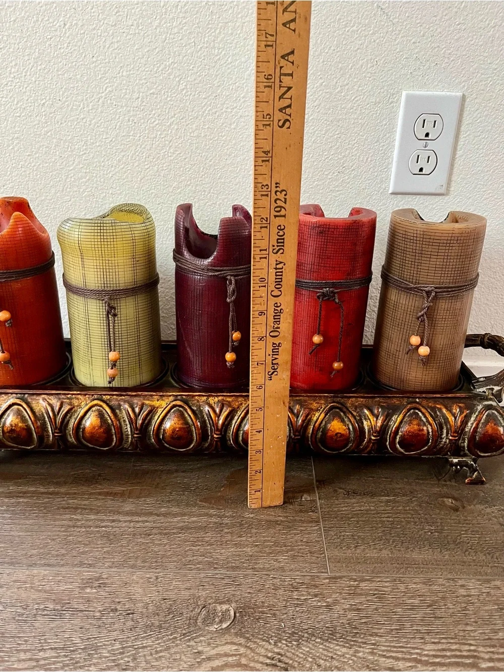 Decorative Multicolor Pillar Candle Set with Ornate Tray